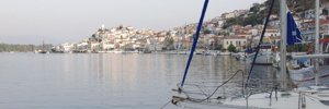 Looking west up the narrows channel from the Greek Sails yacht base back towards the town of Poros