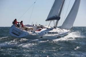A Sun Odyssey 44i sailing yacht available for flotilla sailing holidays and bareboat charter from Greek Sails in Poros, Greece. Image courtesey & with permission of Chantiers Jeanneau S.A.