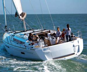 A Sun Odyssey 469 sailing yacht available for flotilla sailing holidays and bareboat charter from Greek Sails in Poros, Greece. Image courtesey & with permission of Chantiers Jeanneau S.A.