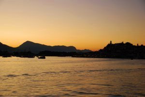The &lsquo;Lady of Poros&rsquo; reclining as the sun sets to the west after another glorious day in Poros