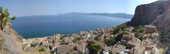 Sailing holiday locations in Greece: Looking from the entrance to the &lsquo;upper town&rsquo; over the medieval walled &lsquo;lower town&rsquo; of Monemvasia