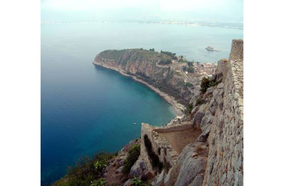 Sailing holiday locations in Greece: Looking down from the Palamidi at the old walled town of Navpl&iacute;on