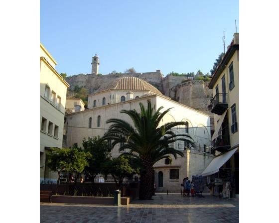 Sailing holiday locations in Greece: Looking up from the twon at the old walled town; the Akronavplia