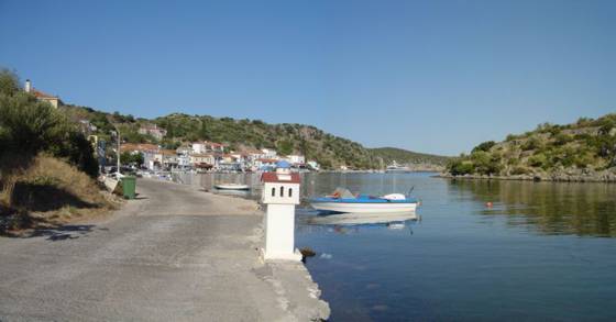 Sailing holiday locations in Greece: Looking towards the entrance of the &lsquo;fjord&rsquo; from the narrows which lead to the lagoon
