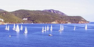 Yachts competing during the day 1 &lsquo;round the cans&rsquo; race, 2010 Round the Island race, Poros, Greece
